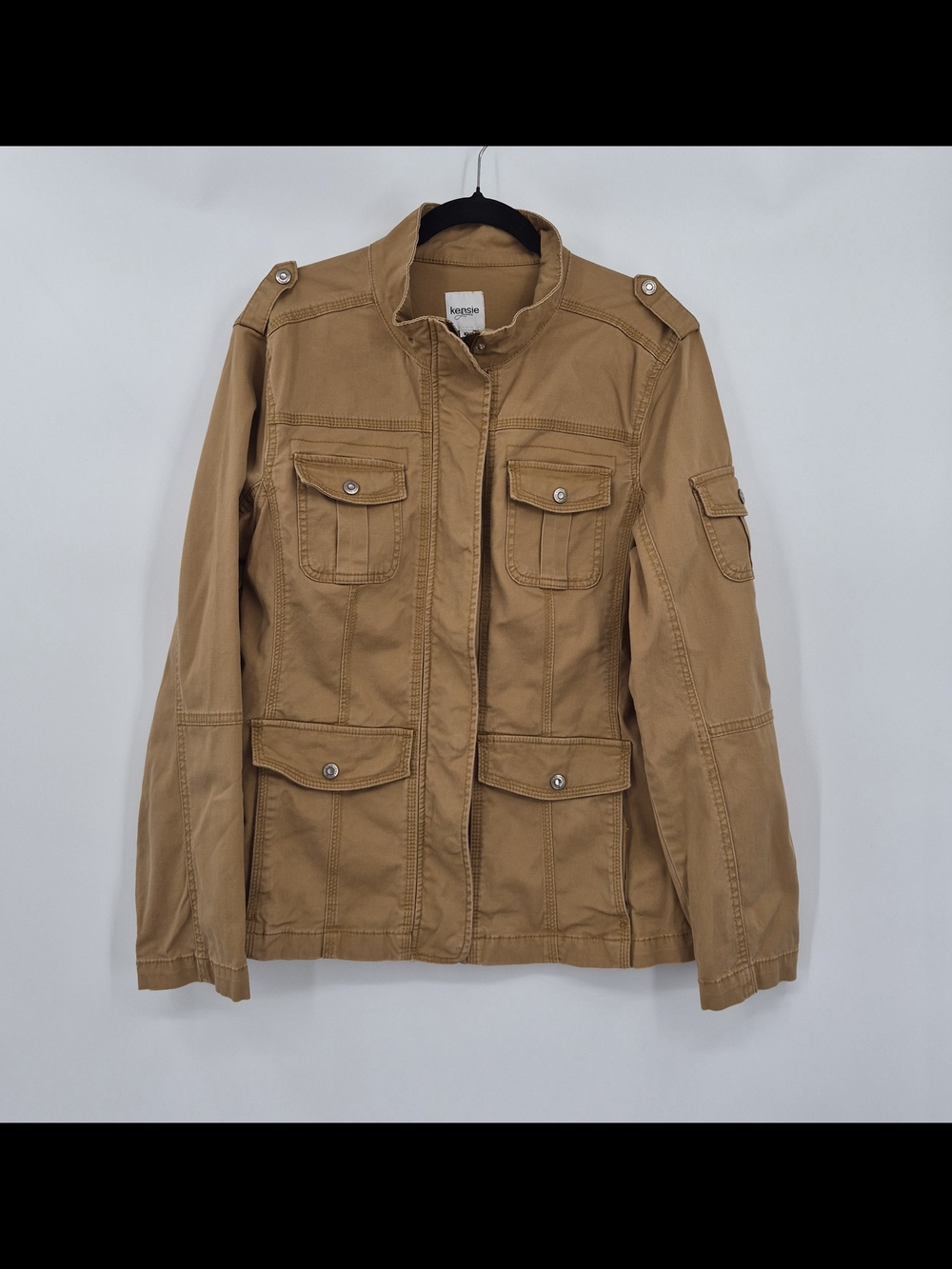 Kensie Denim Cargo Jacket Sz XL Utility Khaki Tan Zip Snap Pockets